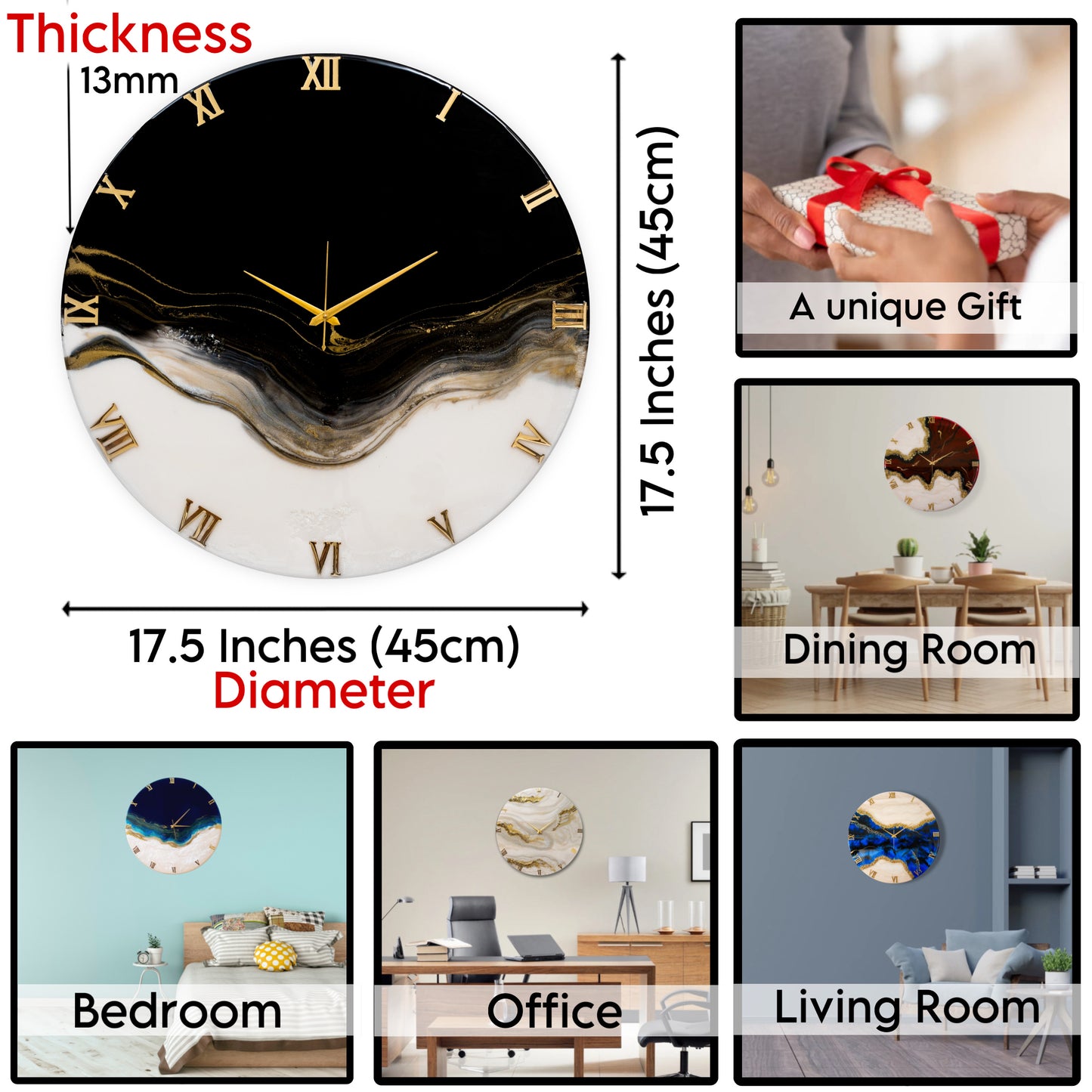 Ticking Thunder clock 17.5 Inches BLACK WHITE