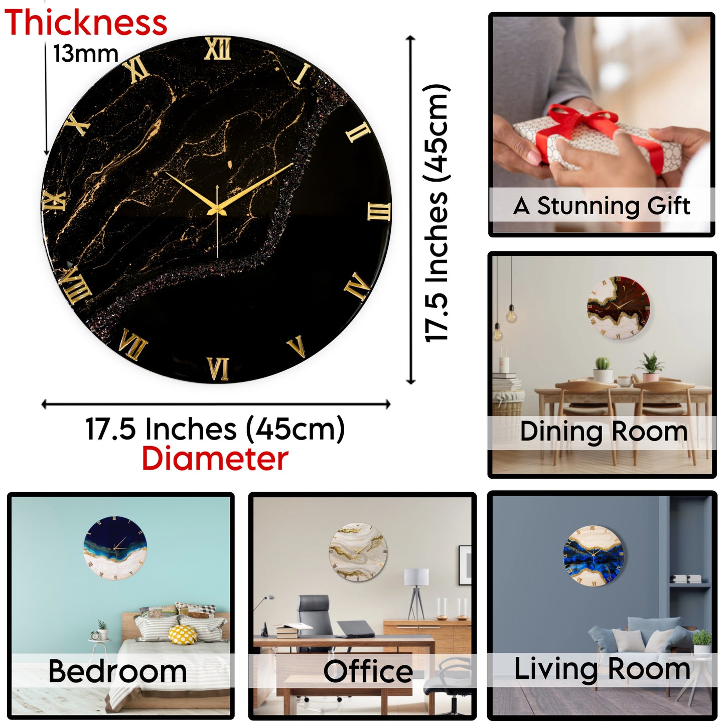 Black Stunner Medium Size Clock 17.5 Inches