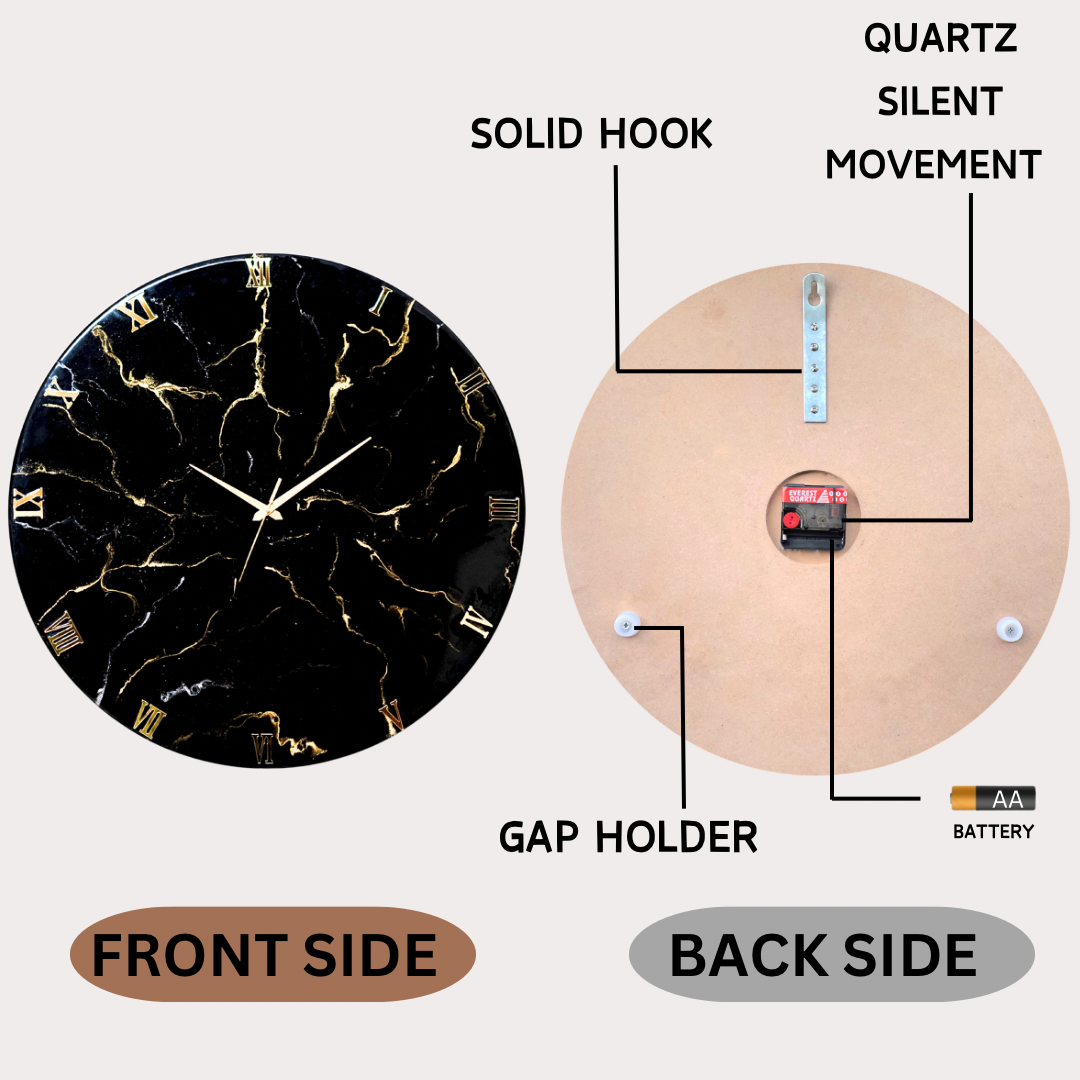 Black Marble Finish Silent Resin Clock