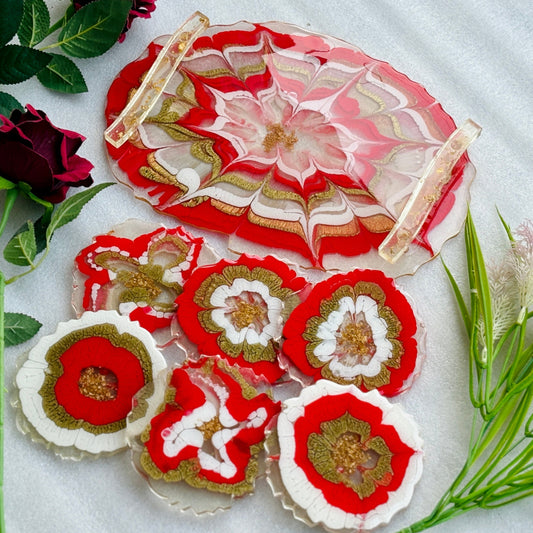 *Resin Art Spiral Red Handmade Tray With Six Coasters