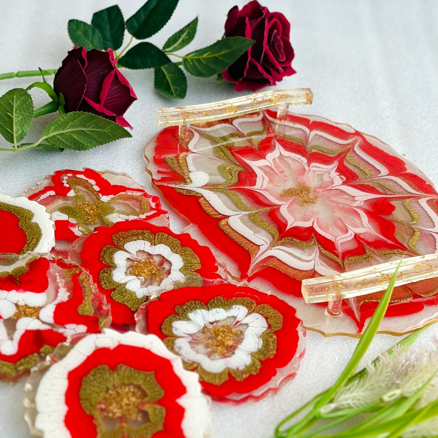 *Resin Art Spiral Red Handmade Tray With Six Coasters