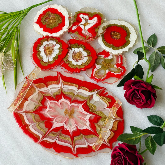 *Resin Art Spiral Red Handmade Tray With Six Coasters