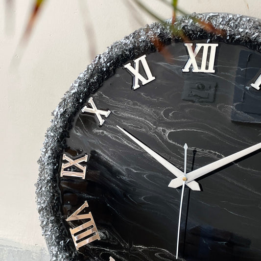 Black Silver Ring Silent Clock 17.5 inches