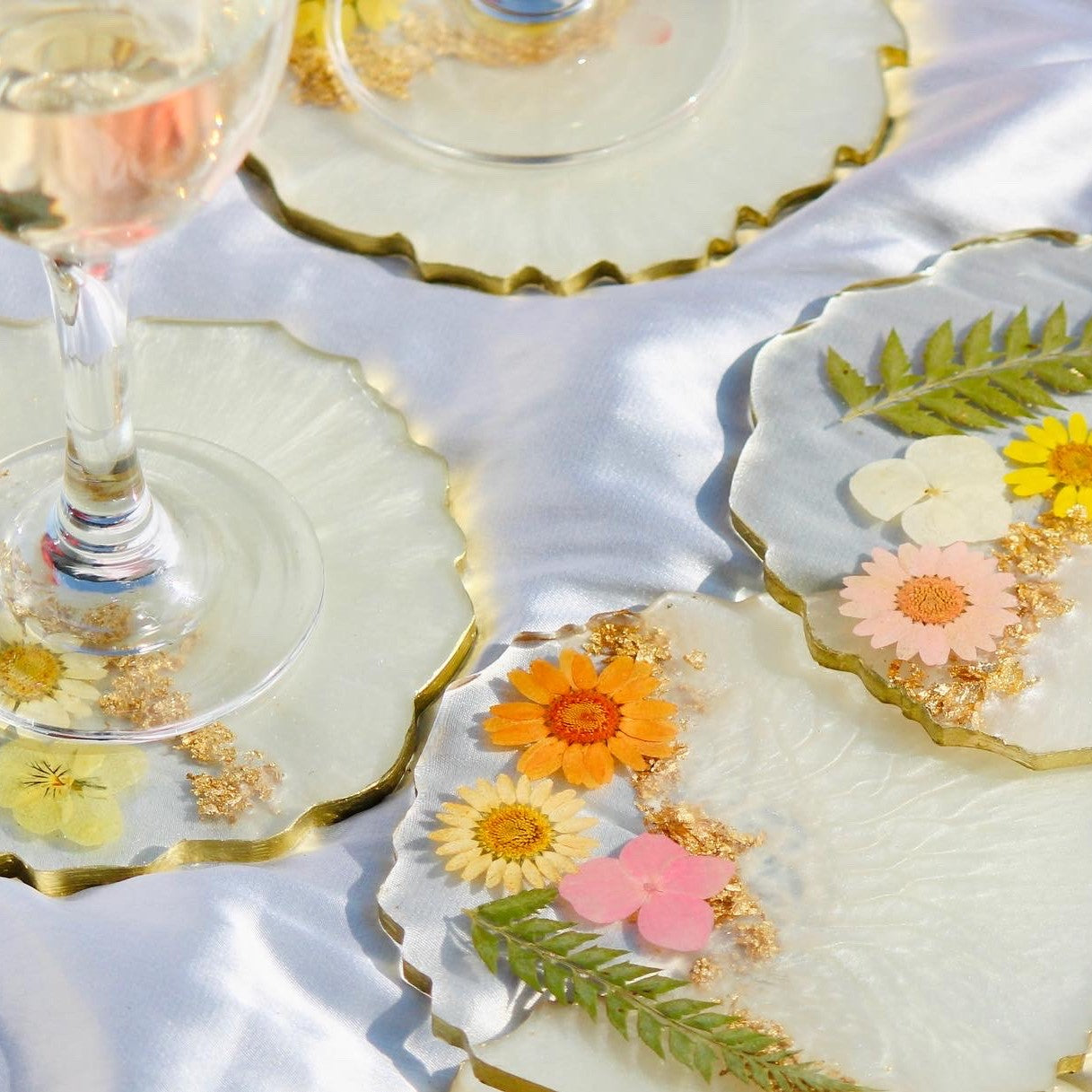 Real Flowers Handmade Set Of Six Coasters (Half Pearl)