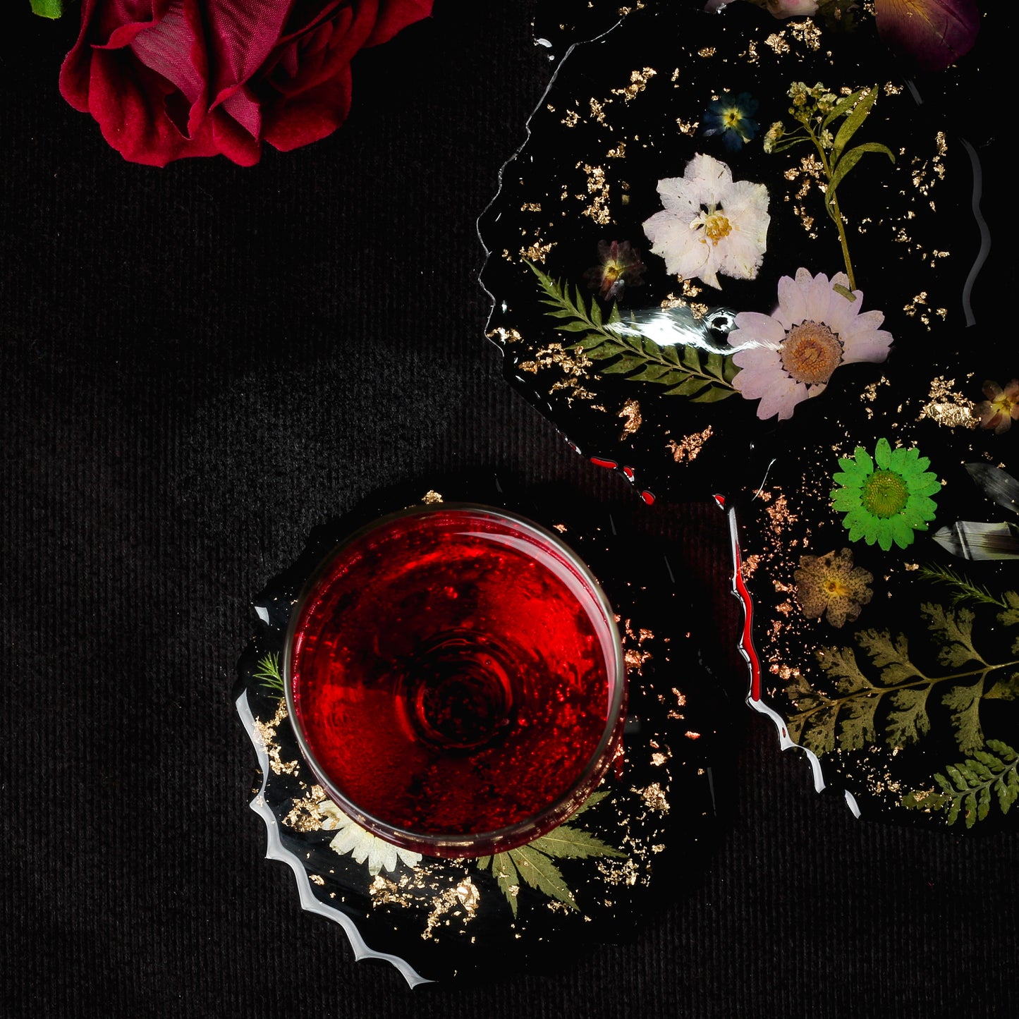 Real Flowers Handmade Set Of 6 Coasters (Black)