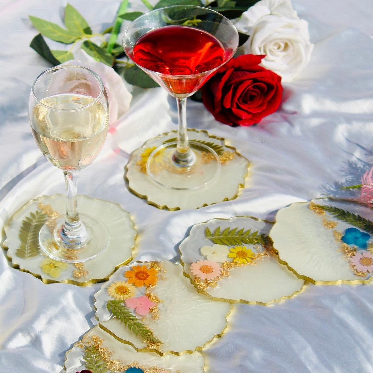 Real Flowers Handmade Set Of Six Coasters (Half Pearl)