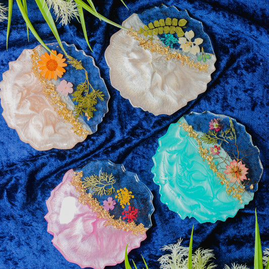 Real Flowers Handmade Set Of Six Coasters (Random Colours)