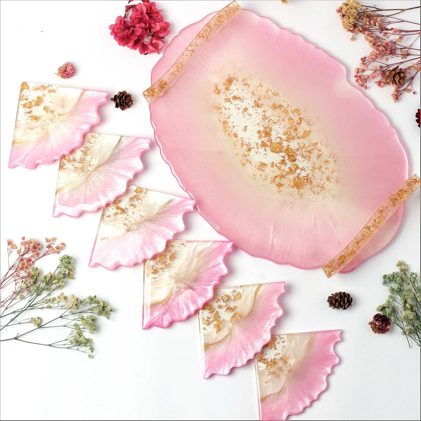 Pearl Pink & Pearl white Handmade Tray With 6 Triangle Coasters