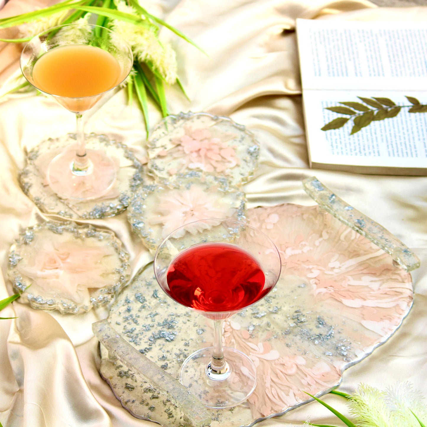 Abstract Handmade Tray With 6 Coasters (Blush Pink & White)