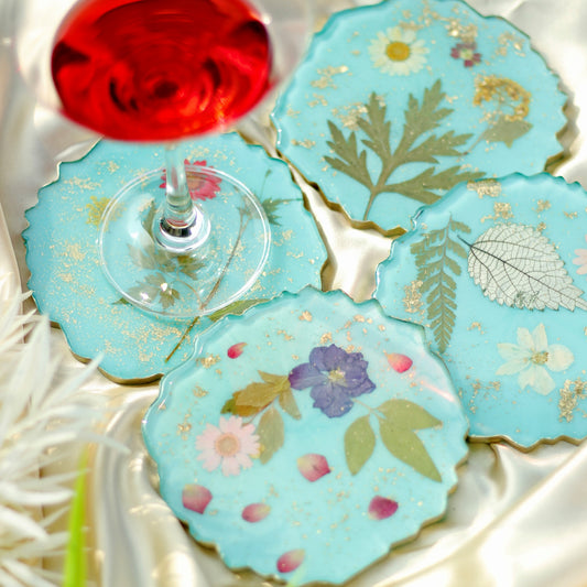 Real Flowers Handmade Set Of Six Coasters (Blue)