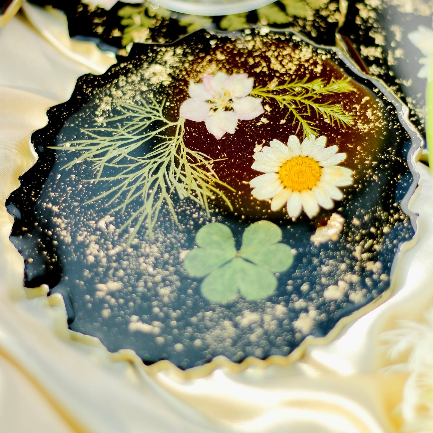 Real Flowers Handmade Set Of 6 Coasters (Black)