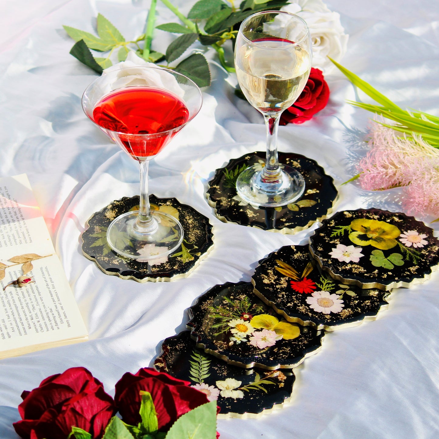 Real Flowers Handmade Set Of 6 Coasters (Black)
