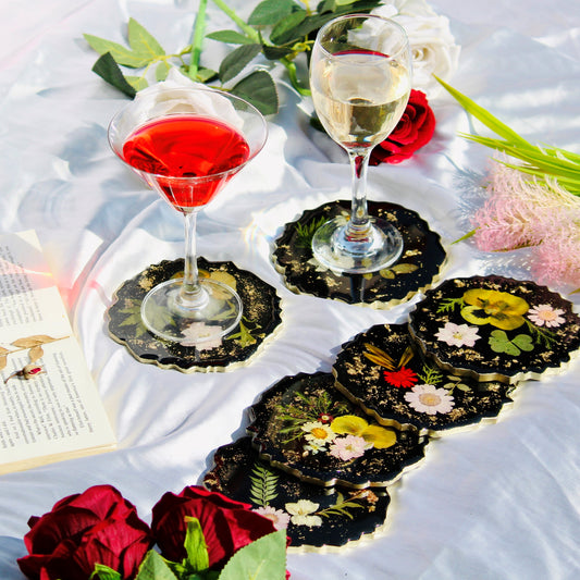 Real Flowers Handmade Set Of 6 Coasters (Black)