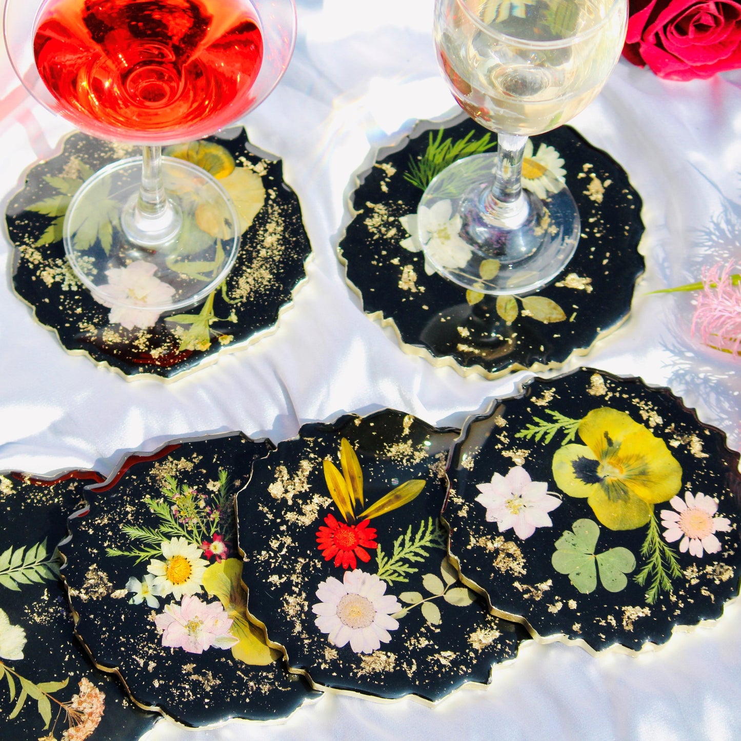 Real Flowers Handmade Set Of 6 Coasters (Black)