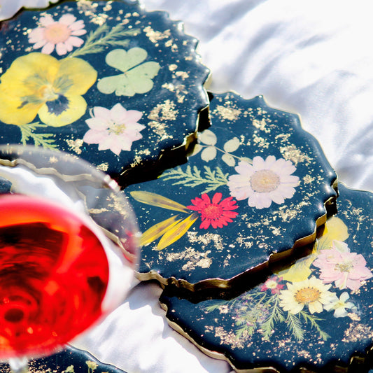 Real Flowers Handmade Set Of 6 Coasters (Black)