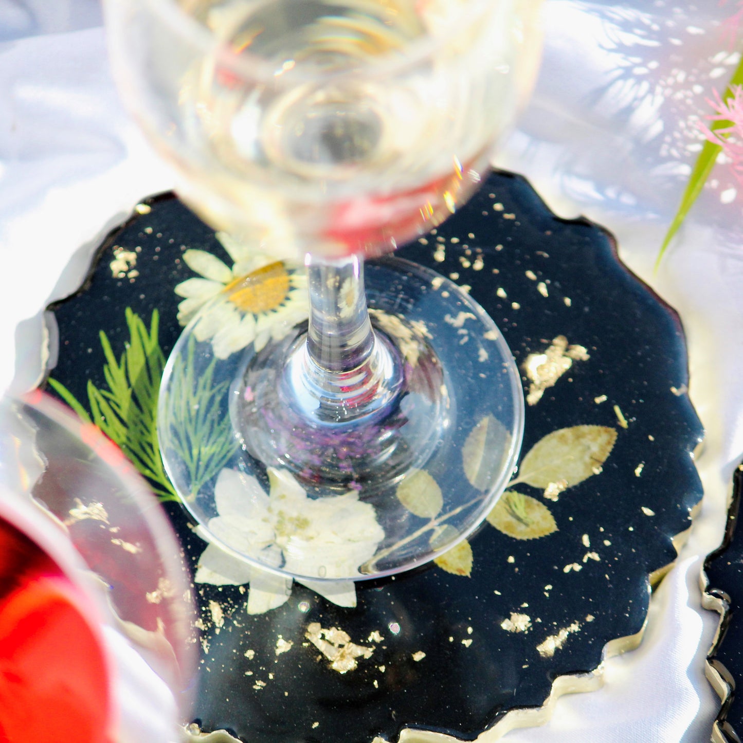 Real Flowers Handmade Set Of 6 Coasters (Black)