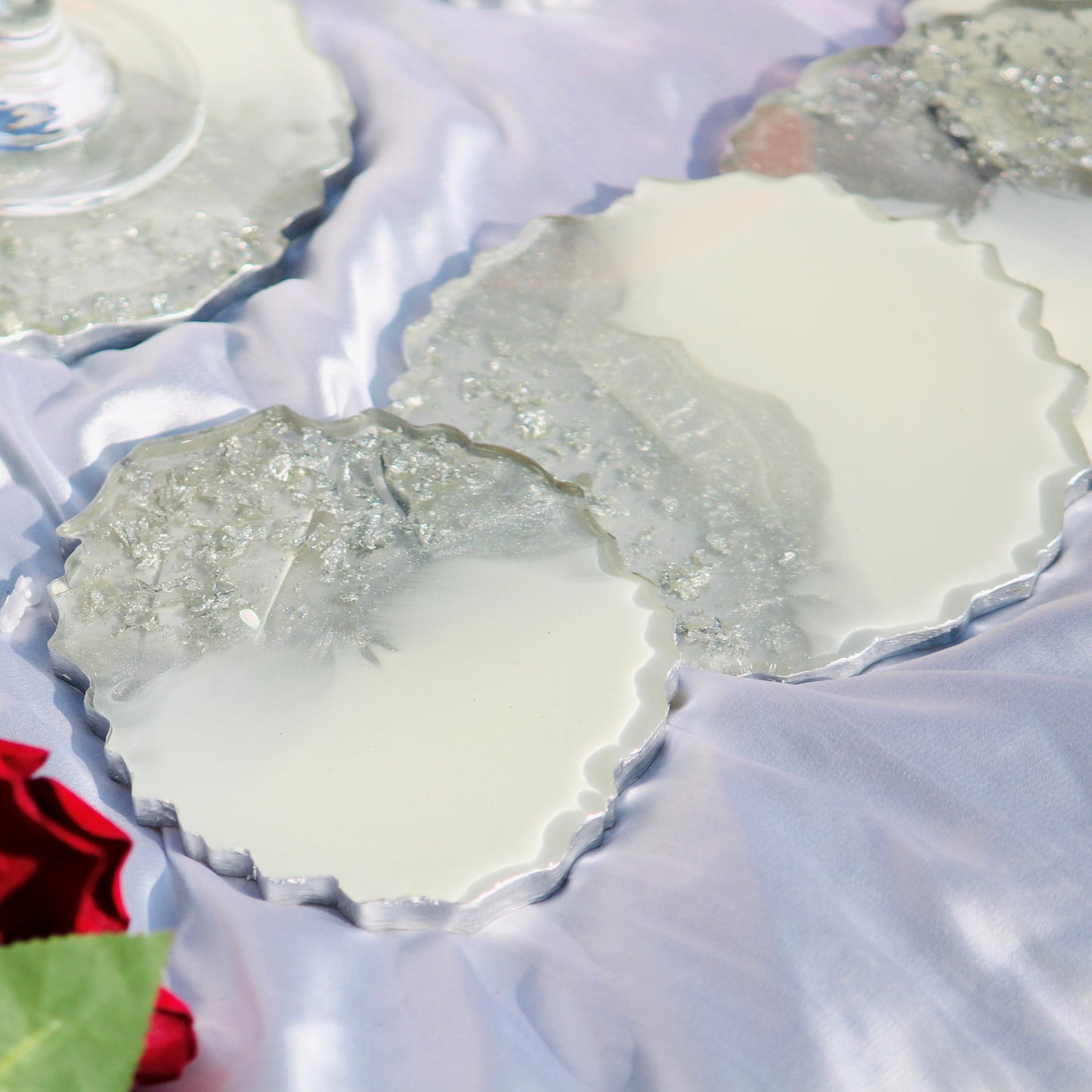 Milky White and Silver - Handmade Resin Coasters Set Of 6