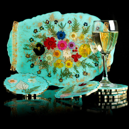 The Garden - Real Flowers Handmade Tray Set With 6 Coasters (Blue)