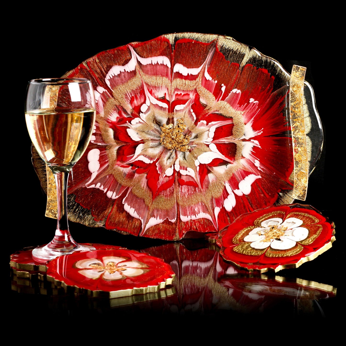 *Resin Art Spiral Red Handmade Tray With Six Coasters