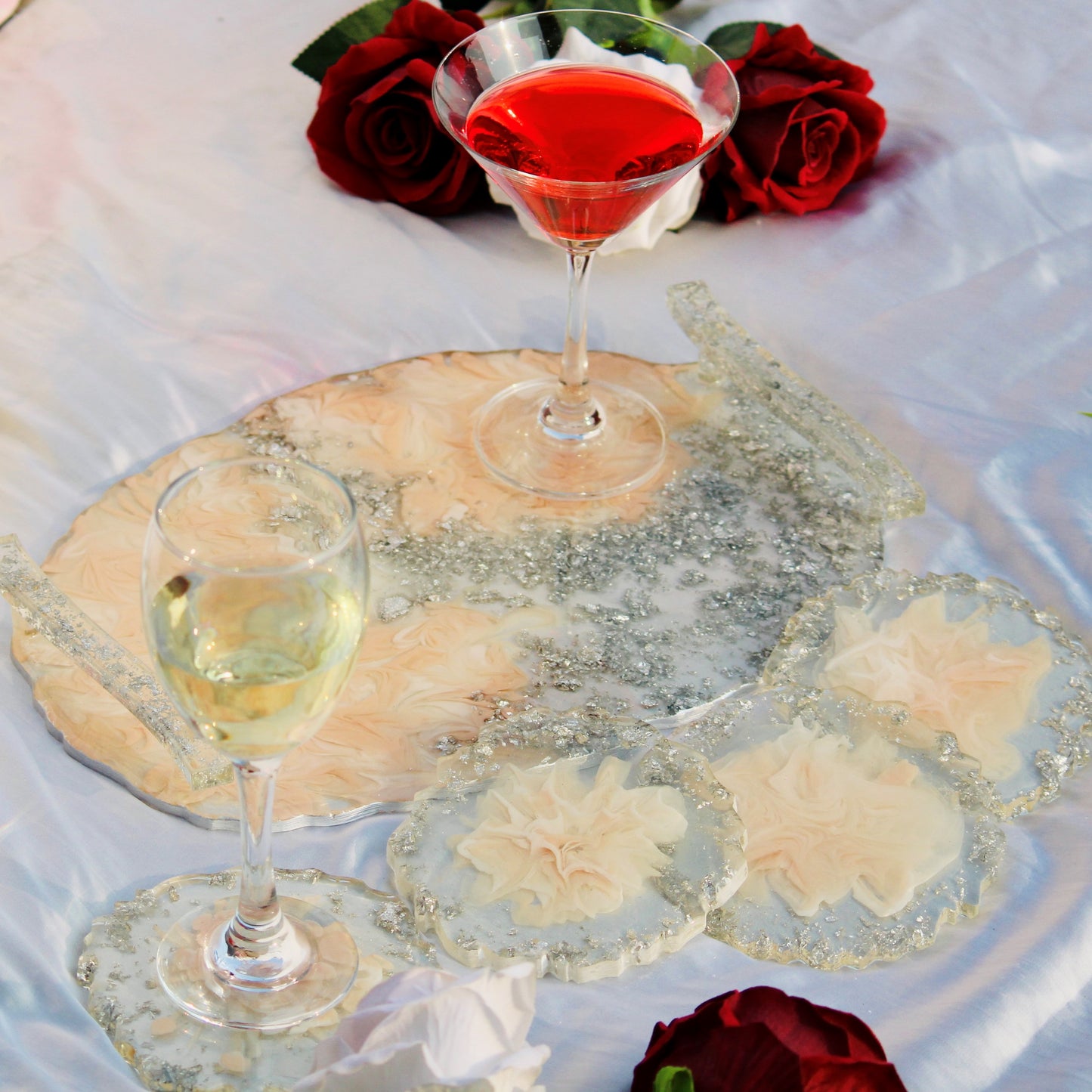 Abstract Handmade Tray With 6 Coasters (Blush Pink & White)