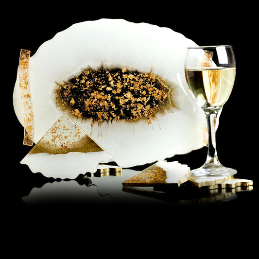 Milky White & Golden Handmade Tray With 6 Triangle Coasters