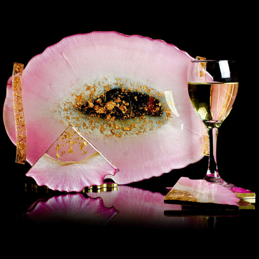 Pearl Pink & Pearl white Handmade Tray With 6 Triangle Coasters