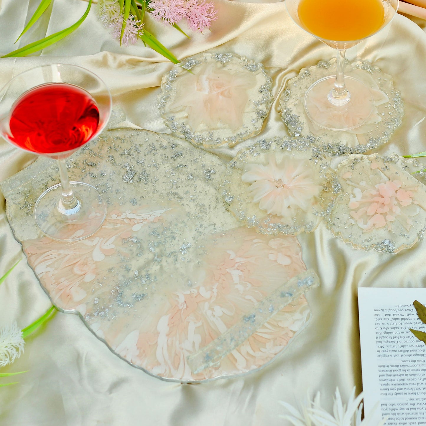Abstract Handmade Tray With 6 Coasters (Blush Pink & White)