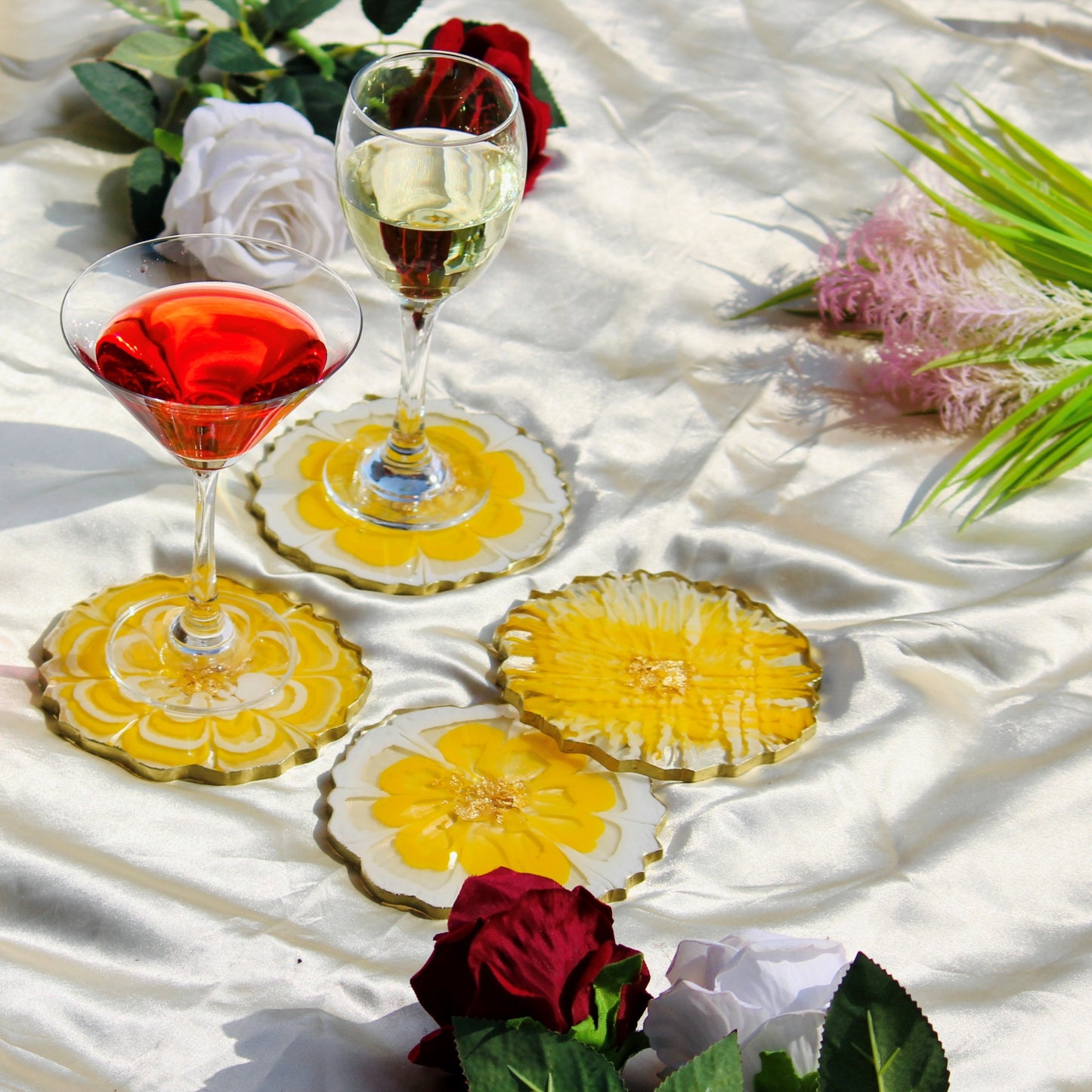 Yellow and White- Handmade Resin Coasters Set Of 6