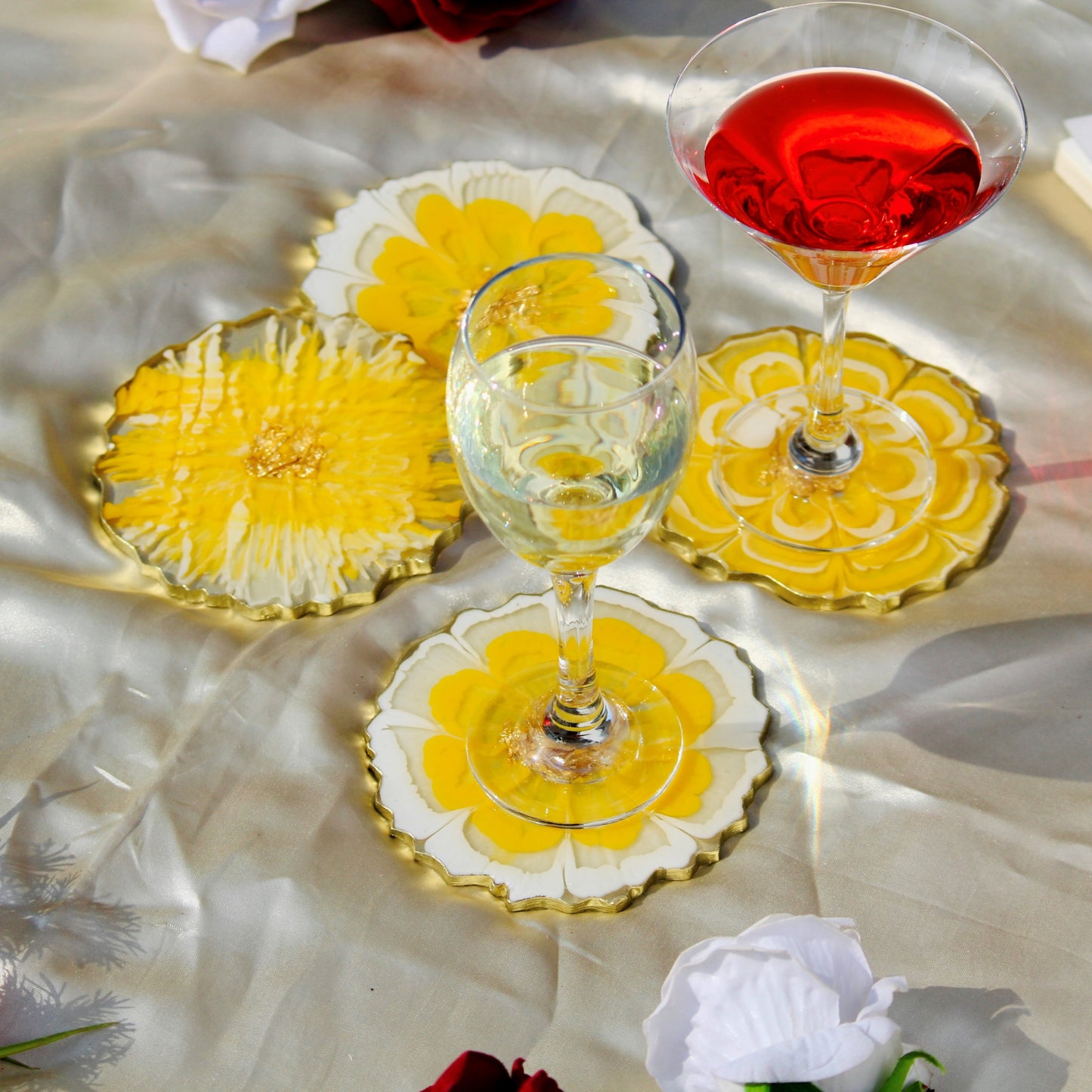 Yellow and White- Handmade Resin Coasters Set Of 6