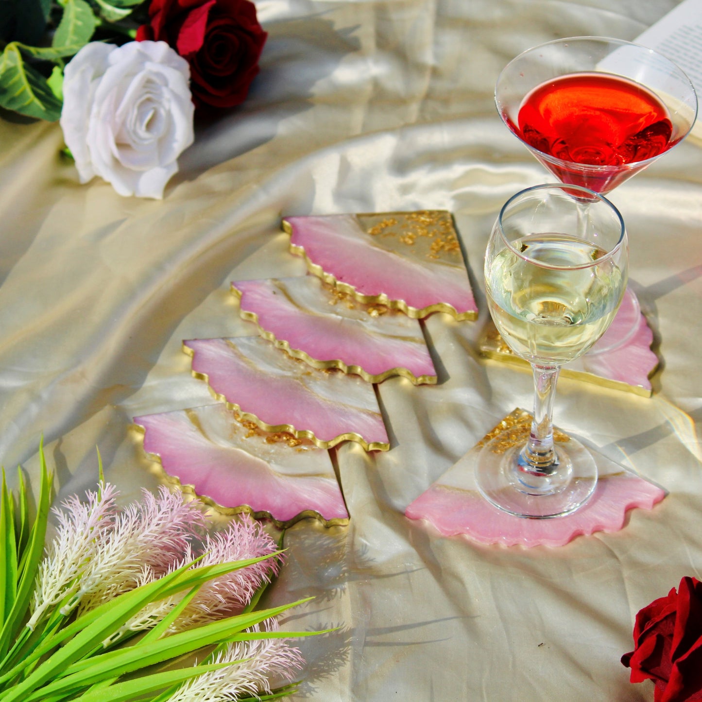 Impact - Handmade Resin Coasters Set Of Six (Pink & Pearl white)