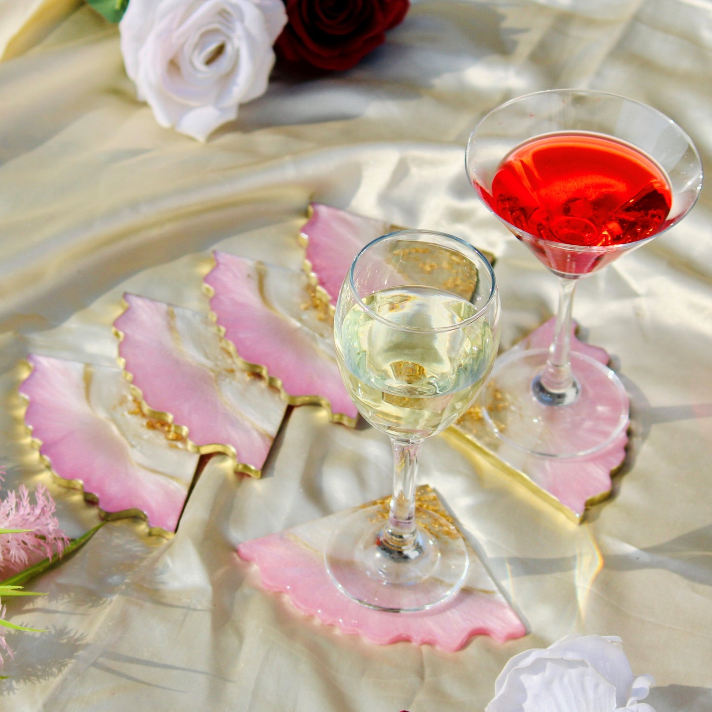 Impact - Handmade Resin Coasters Set Of Six (Pink & Pearl white)