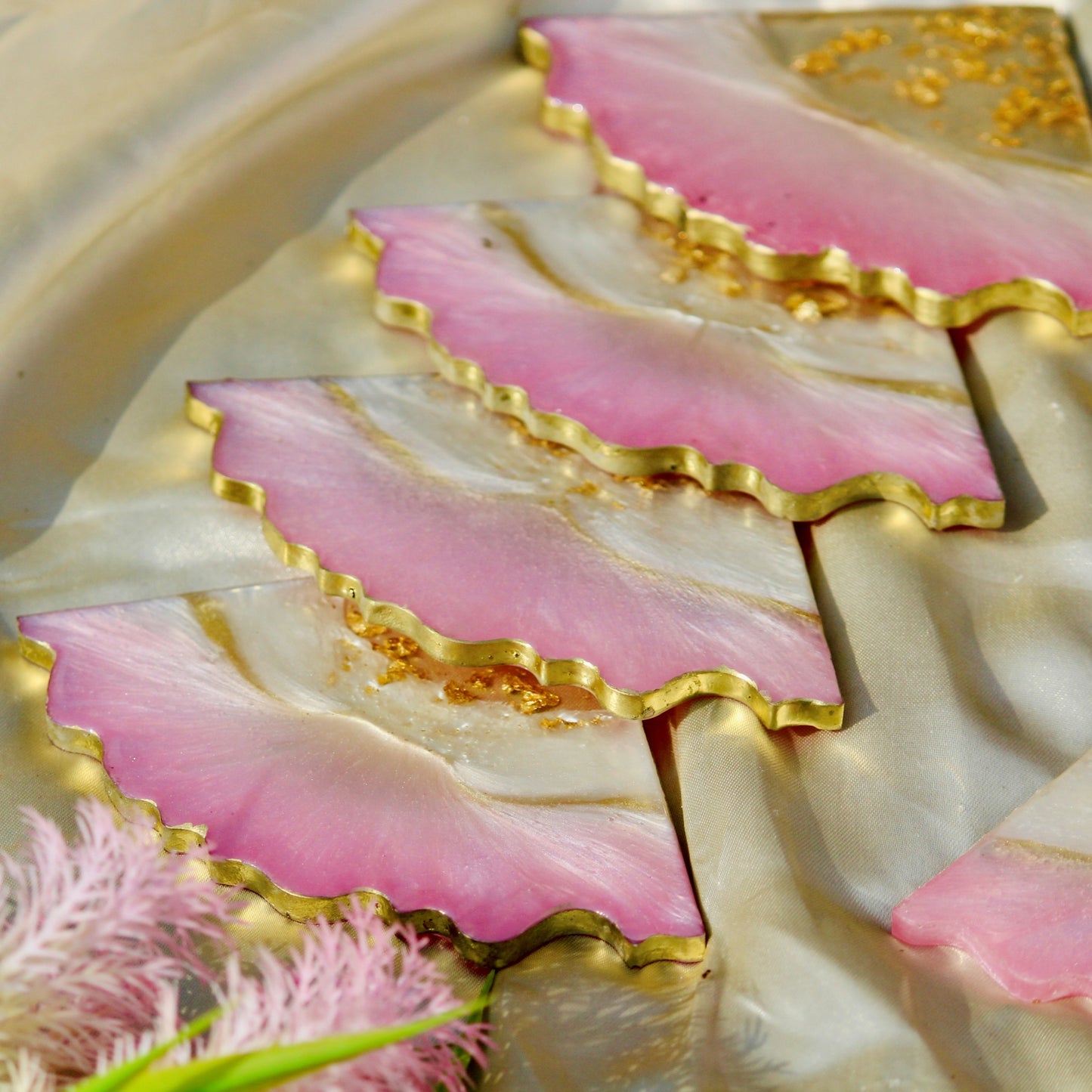 Impact - Handmade Resin Coasters Set Of Six (Pink & Pearl white)