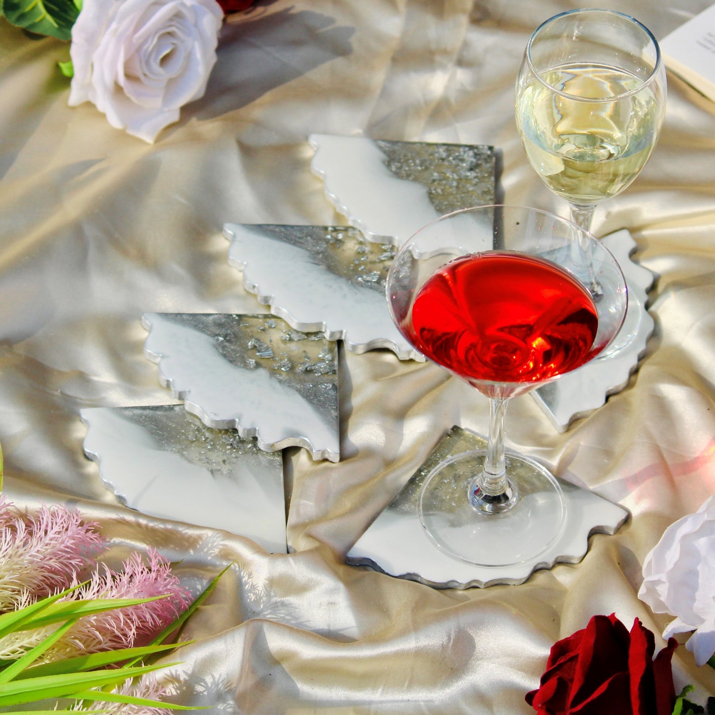 Impact - Handmade Resin Coasters Set Of 6 (White/Silver)