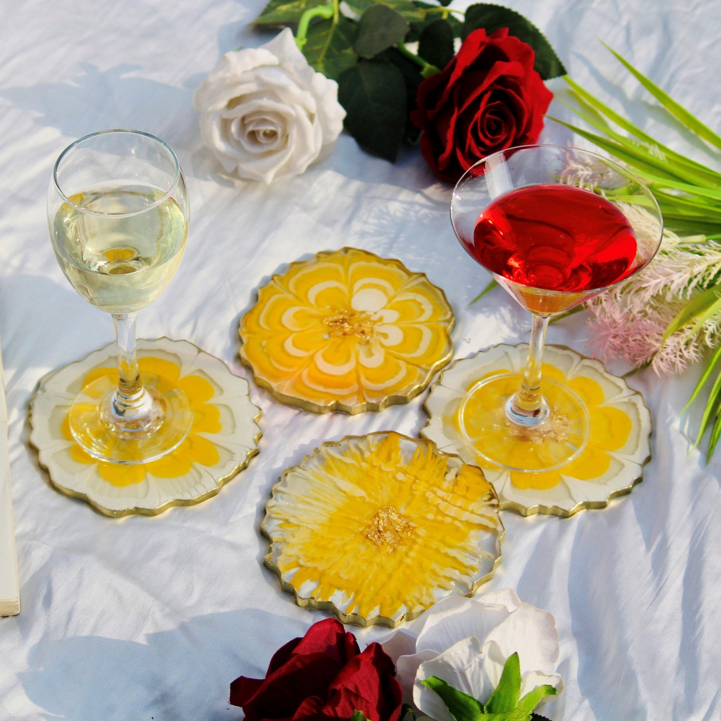 Yellow and White- Handmade Resin Coasters Set Of 6