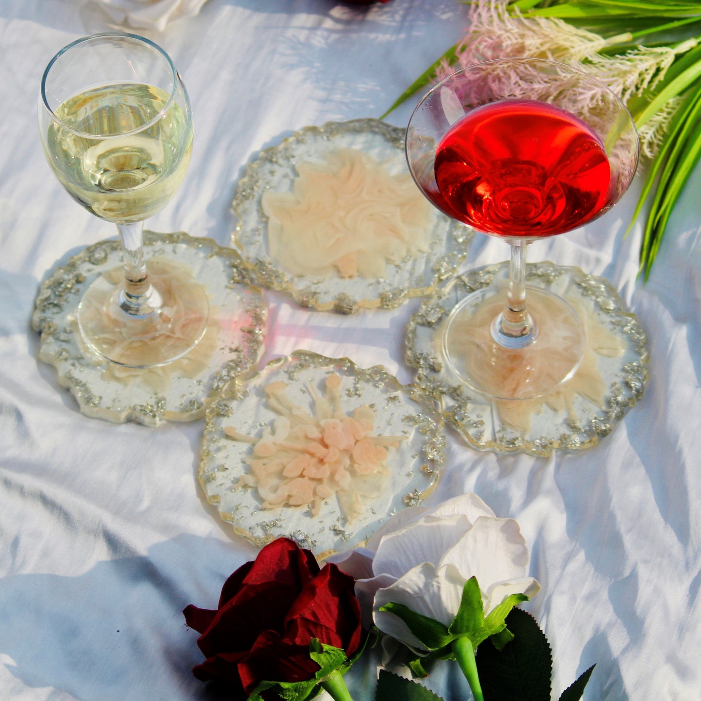 Abstract Handmade Tray With 6 Coasters (Blush Pink & White)