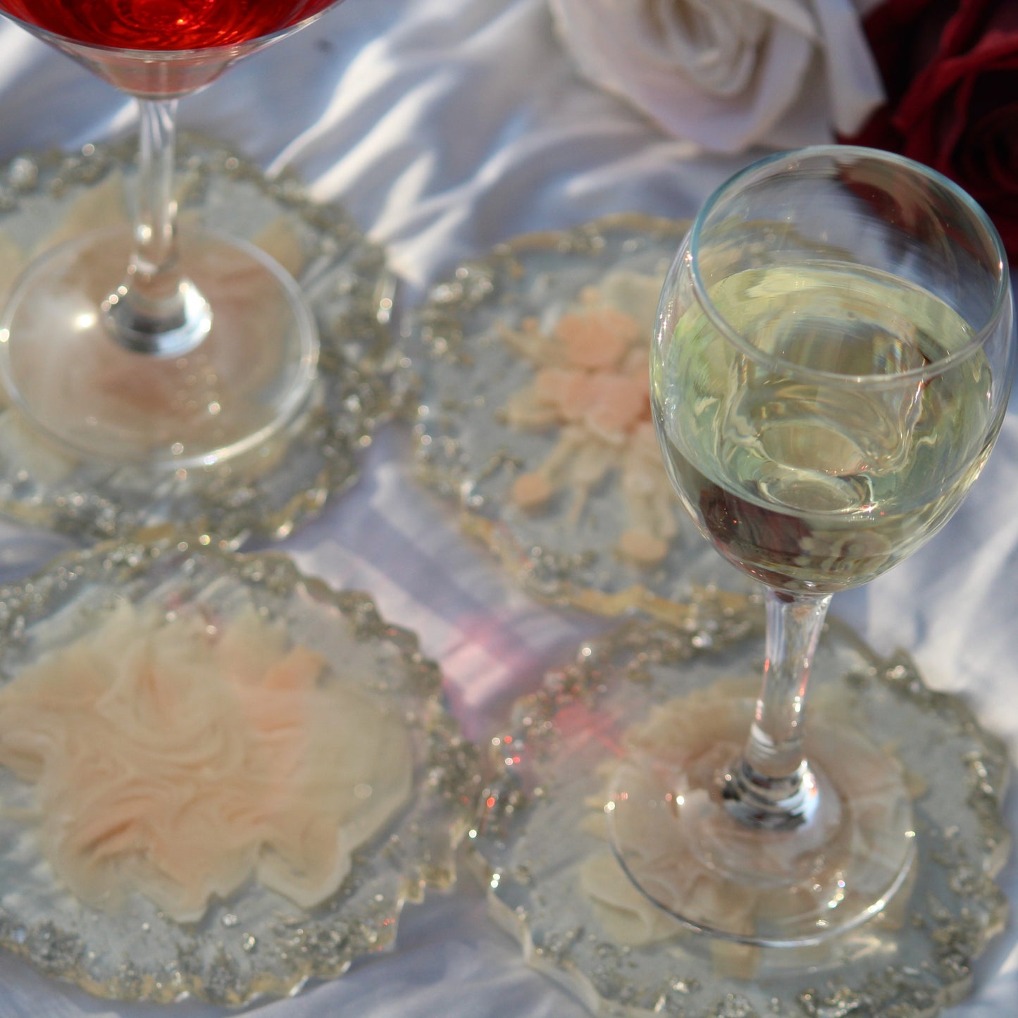 Abstract Handmade Tray With 6 Coasters (Blush Pink & White)