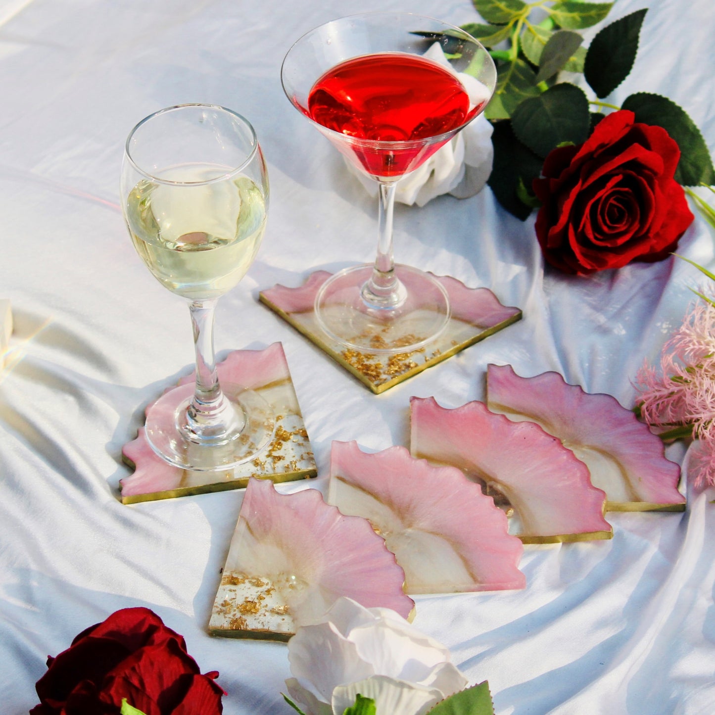 Impact - Handmade Resin Coasters Set Of Six (Pink & Pearl white)