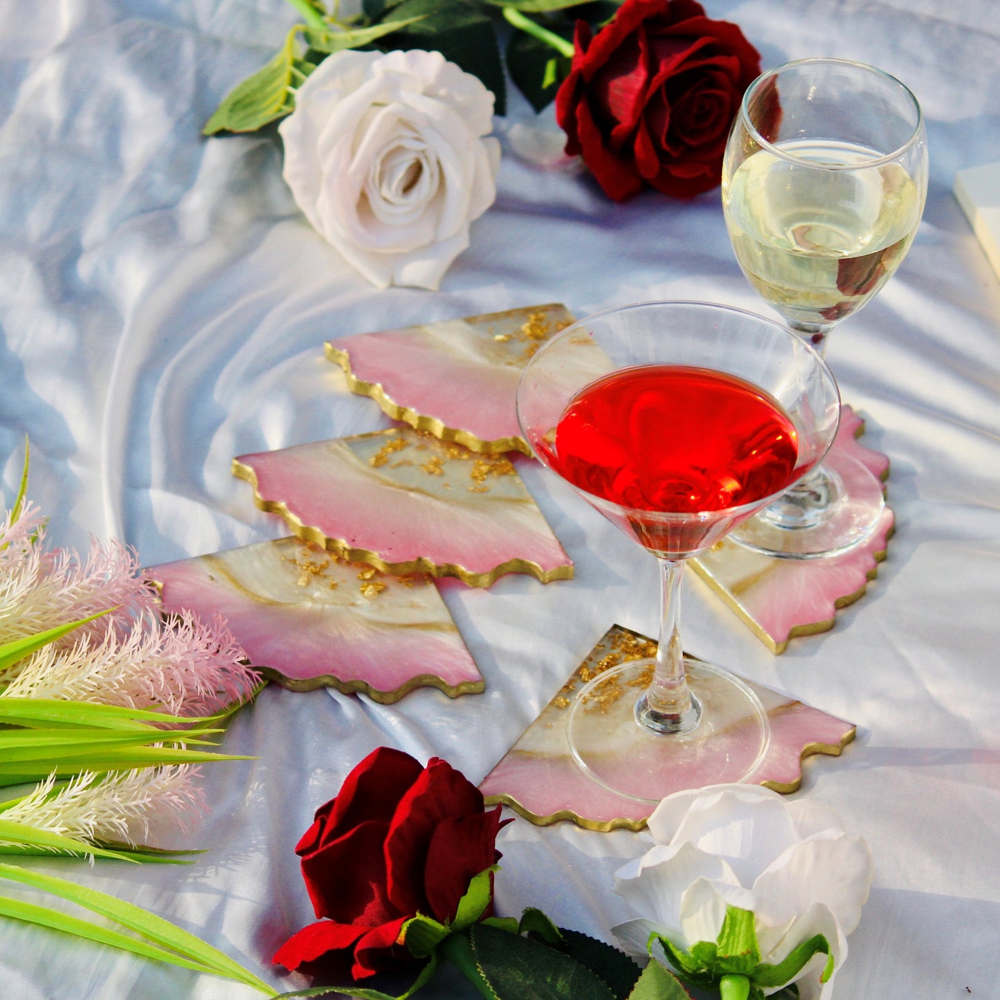 Impact - Handmade Resin Coasters Set Of Six (Pink & Pearl white)