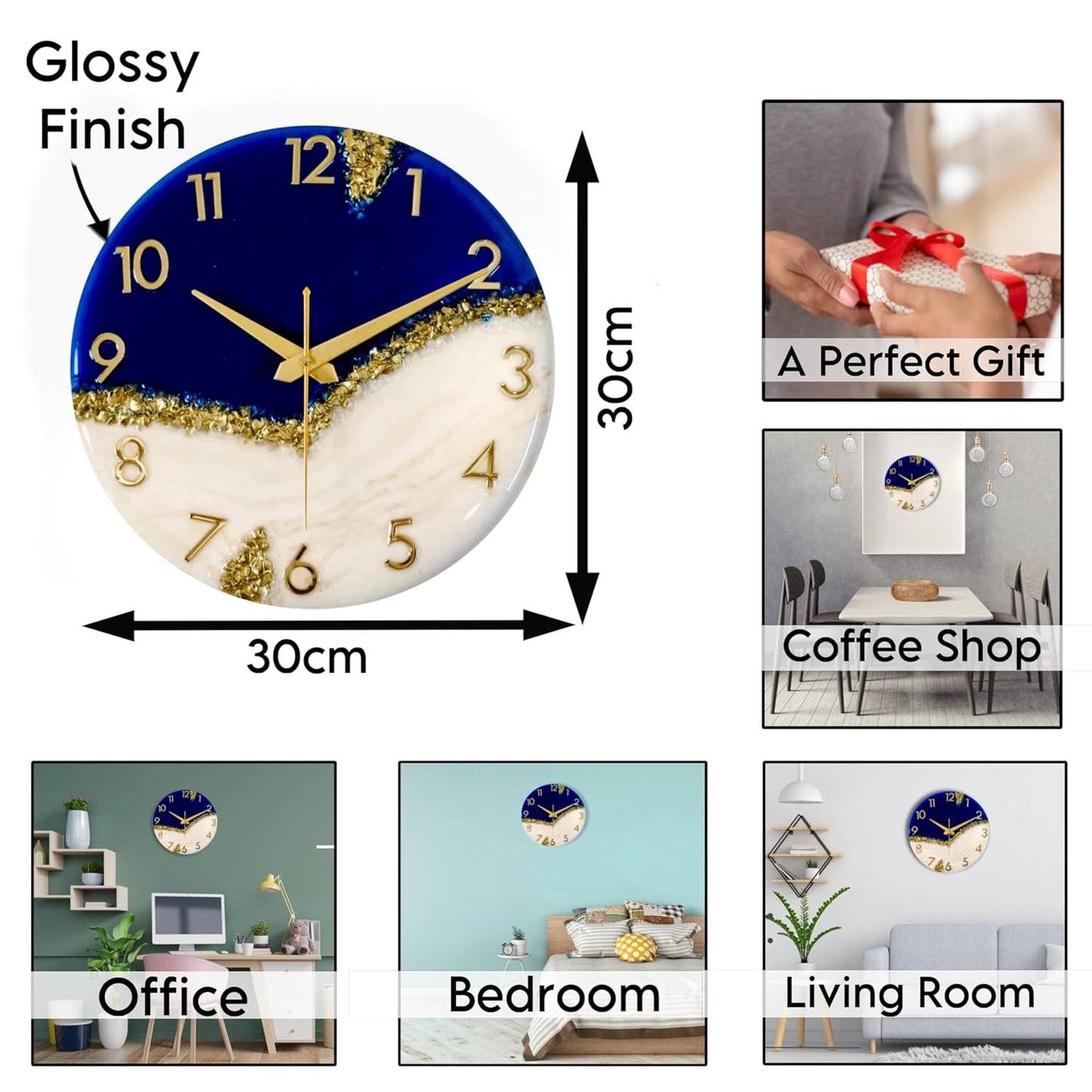Blue Gold Peak Silent Clock 30cm