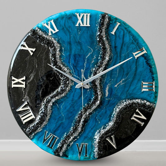 Black Blue Geode Silent Clock 17.5 inches