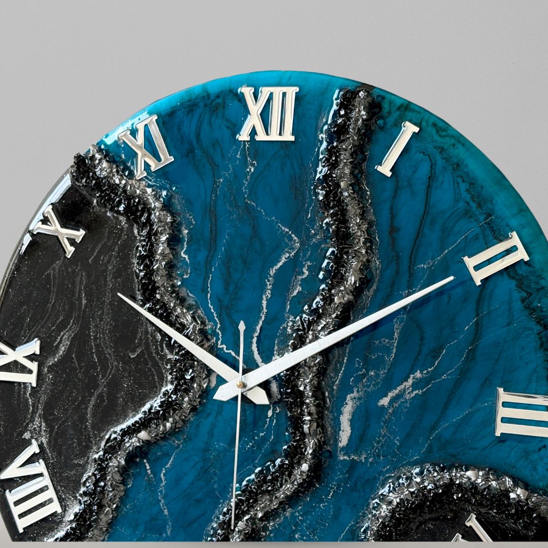 Black Blue Geode Silent Clock 17.5 inches
