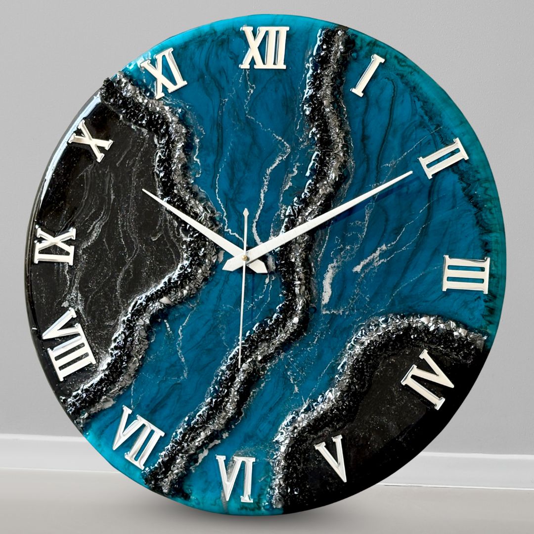 Black Blue Geode Silent Clock 17.5 inches