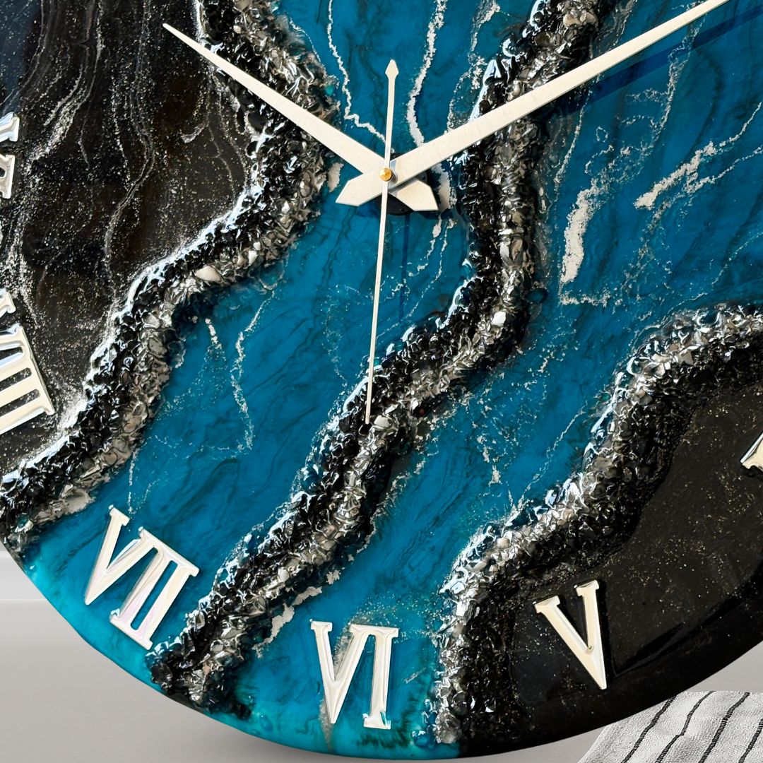 Black Blue Geode Silent Clock 17.5 inches