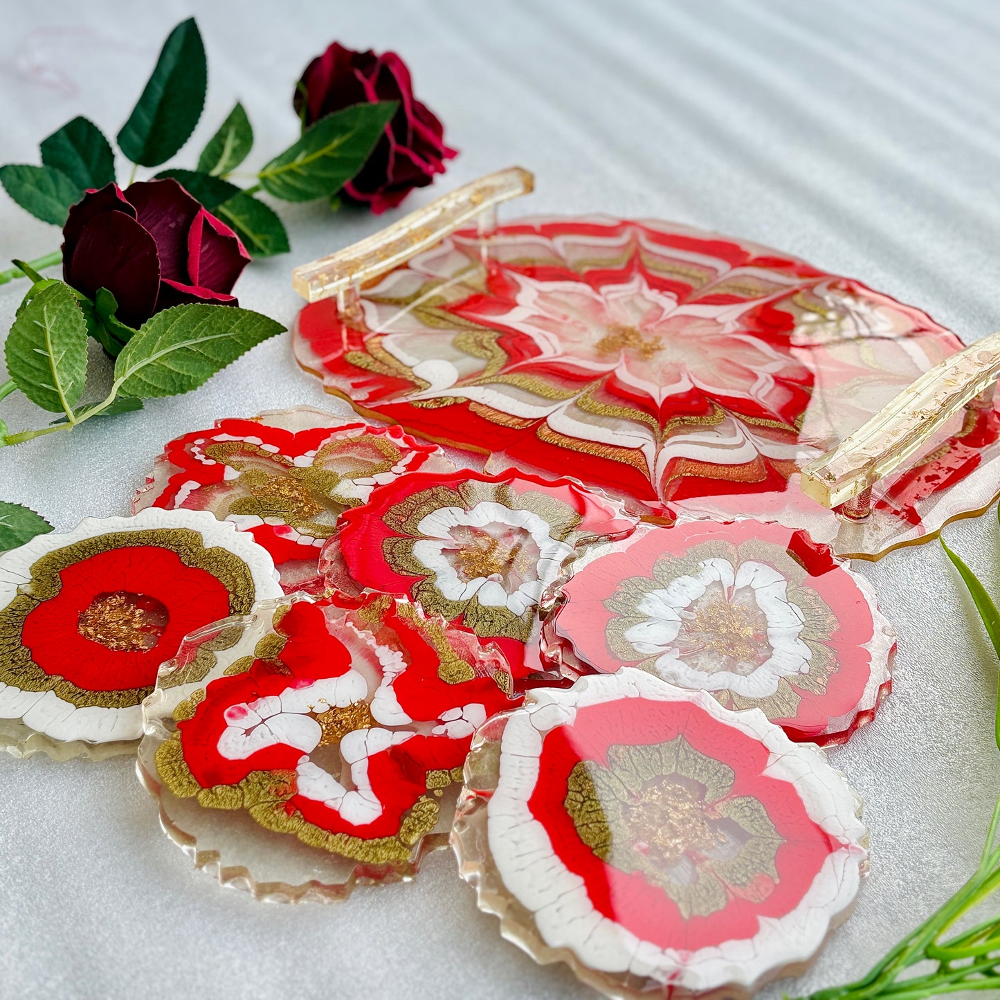*Resin Art Spiral Red Handmade Tray With Six Coasters