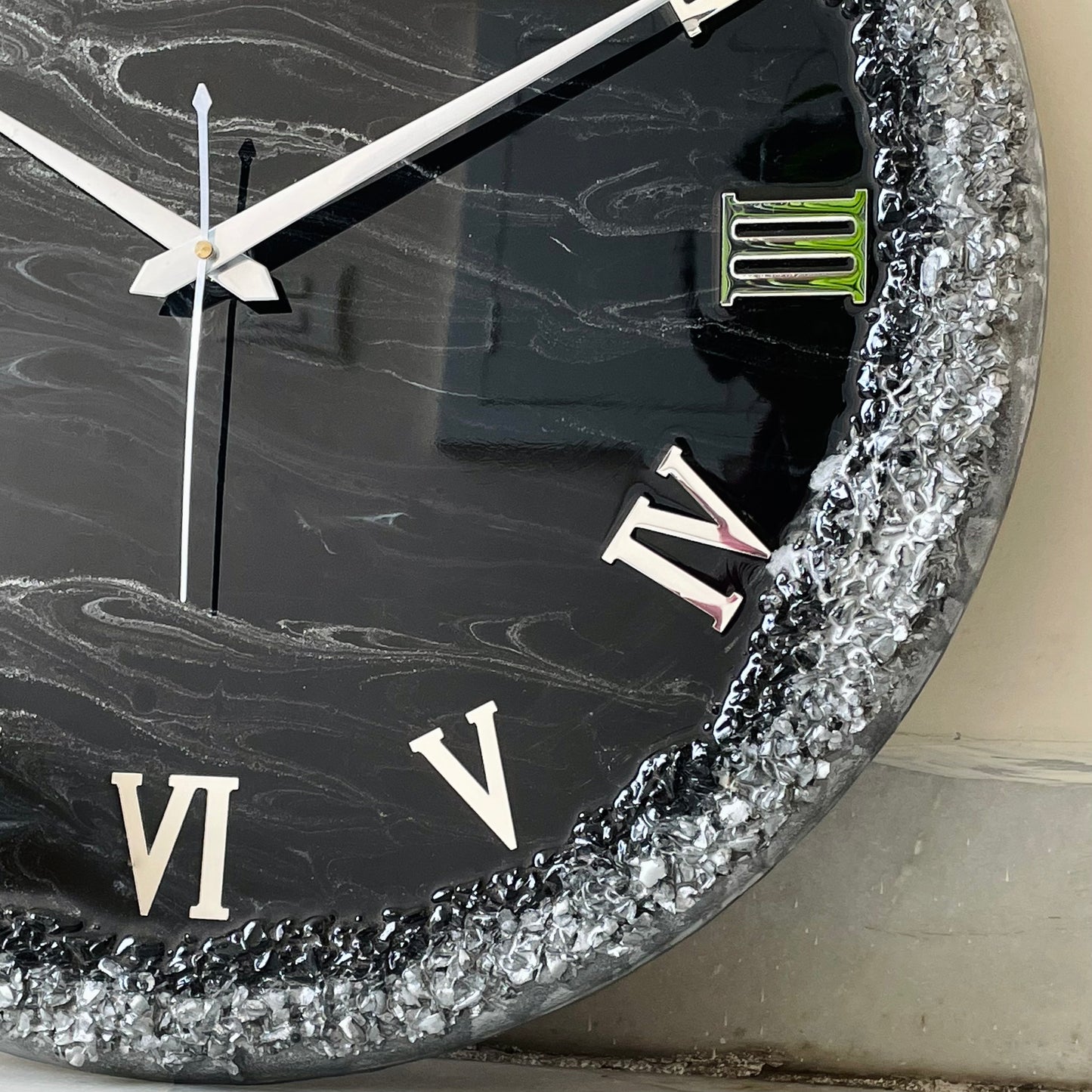 Black Silver Ring Silent Clock 17.5 inches