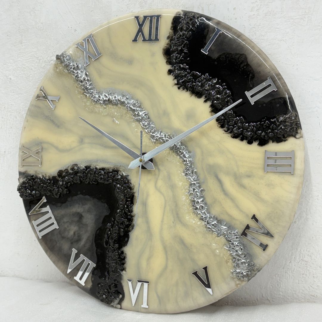 Black Silver Geode silent clock 17.5 inches