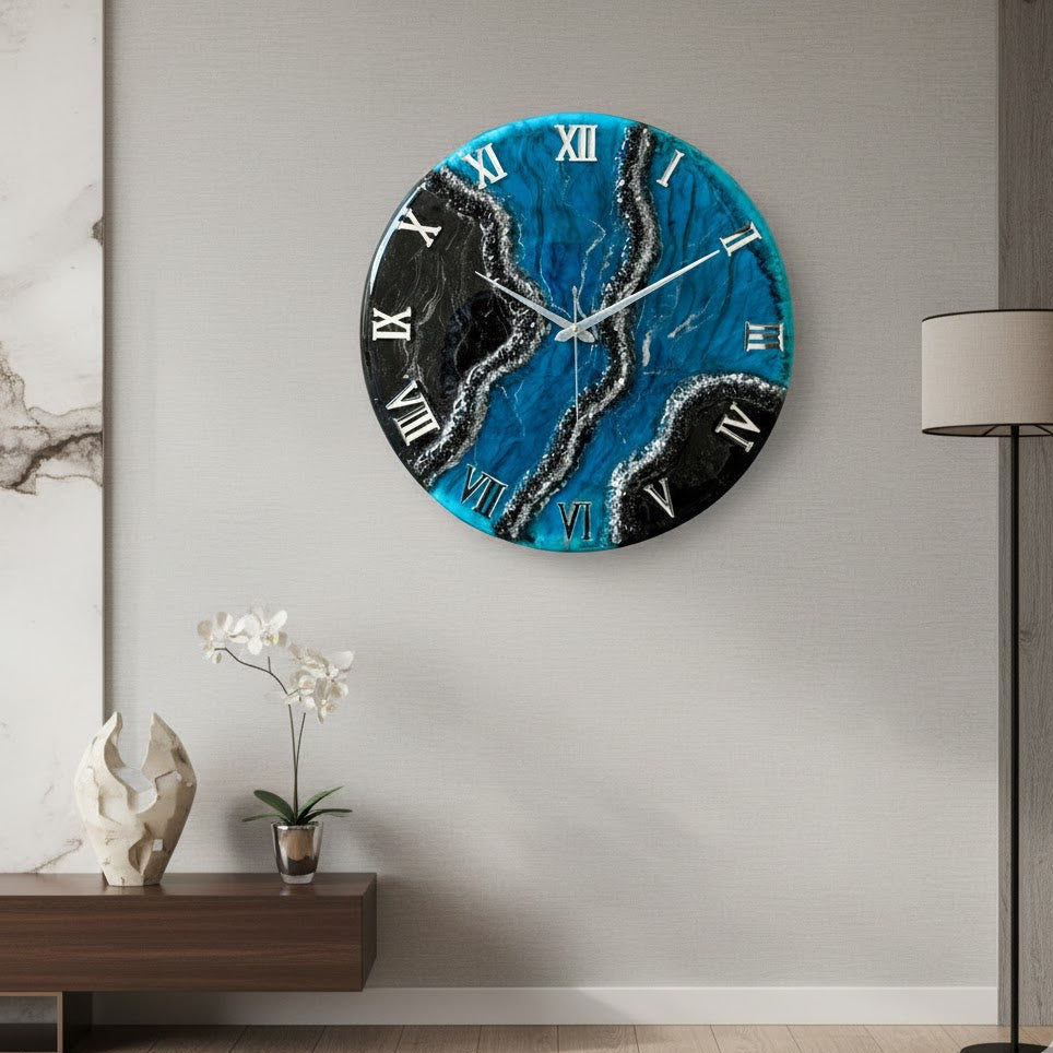Black Blue Geode Silent Clock 17.5 inches