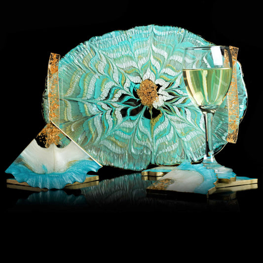 Spiral Blue - & Handmade Tray With 6 Triangle Coasters