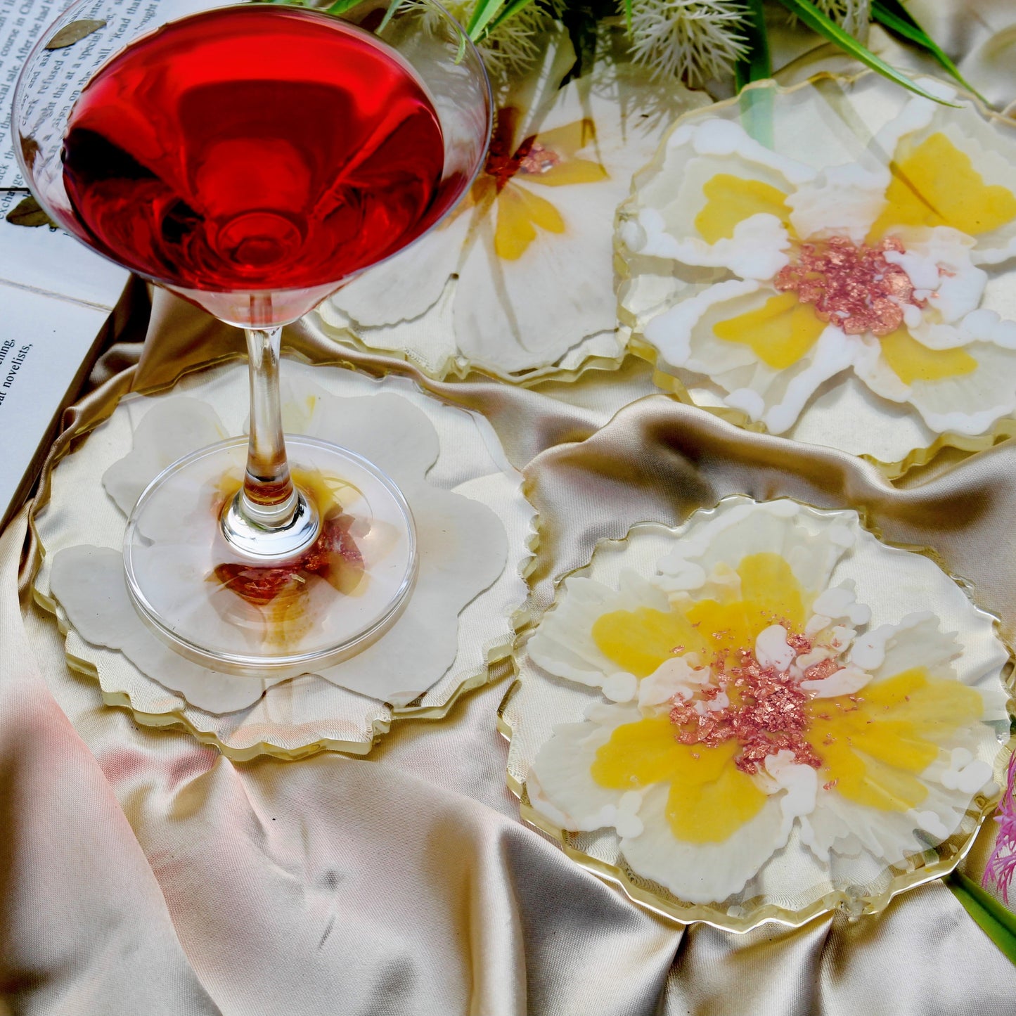 Yellow and White- Handmade Resin Coasters Set Of 6