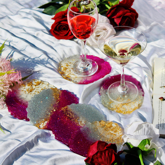 Glittery Beast - Handmade Resin Coasters Set Of 6 (Pink/Silver)